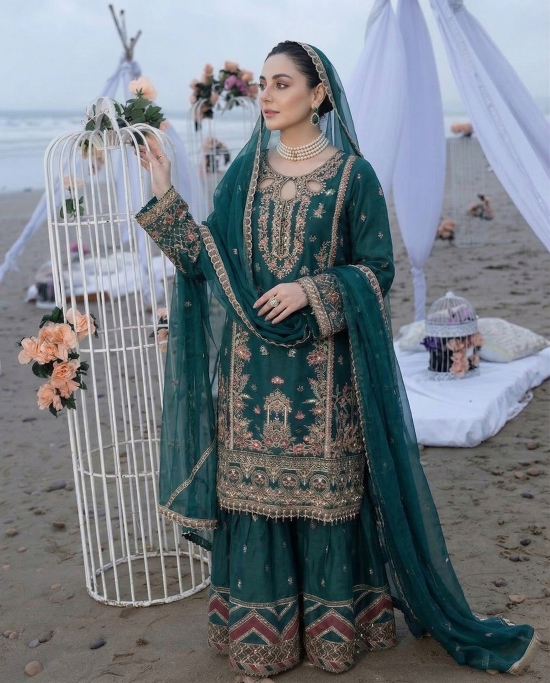 Emerald Green Heavy Embroidered Festive 3-Piece Sharara Suit Set