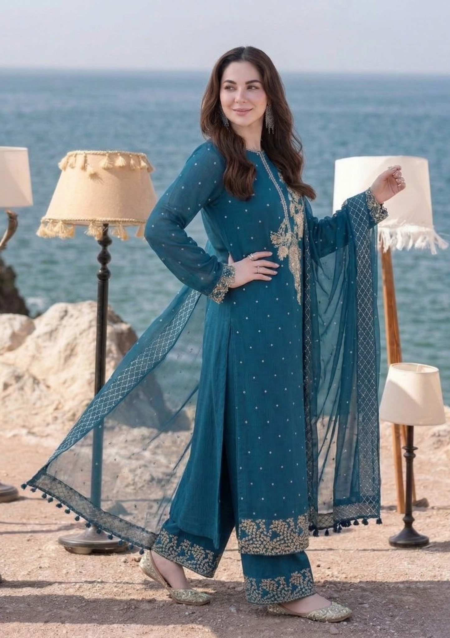 Teal Blue Heavy Embroidered 3-Piece Suit Set