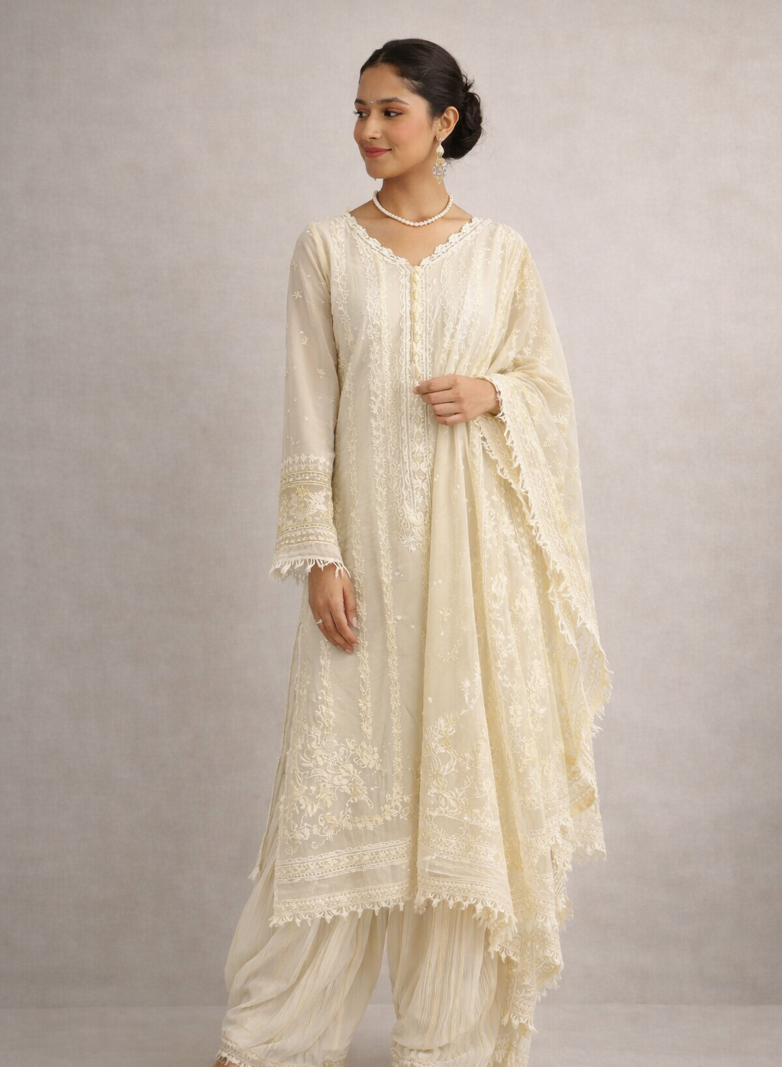 Cream Embroidered Sharara 3-Piece Suit Set