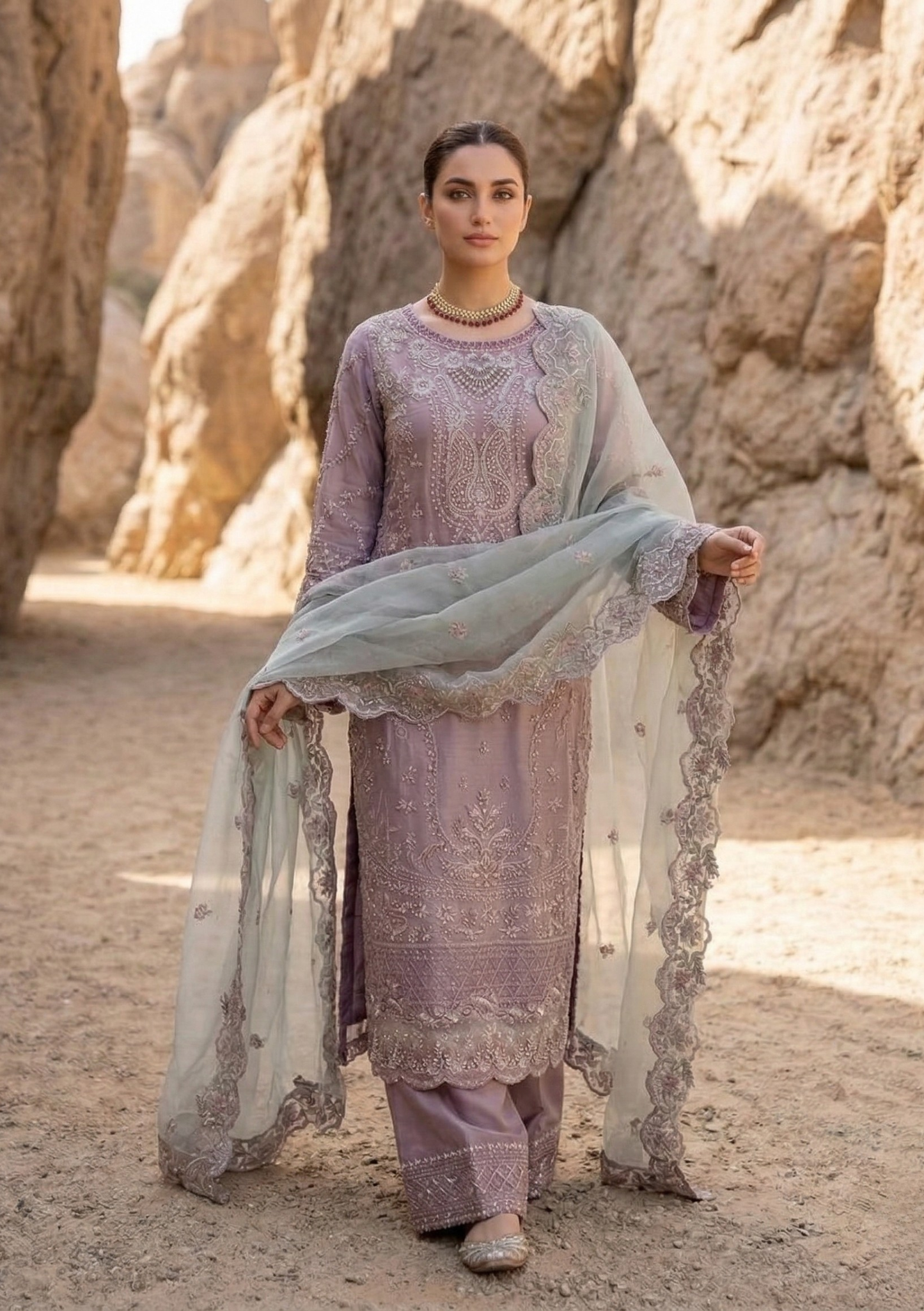 Blush Beige Embellished 3-Piece Festive Suit Set