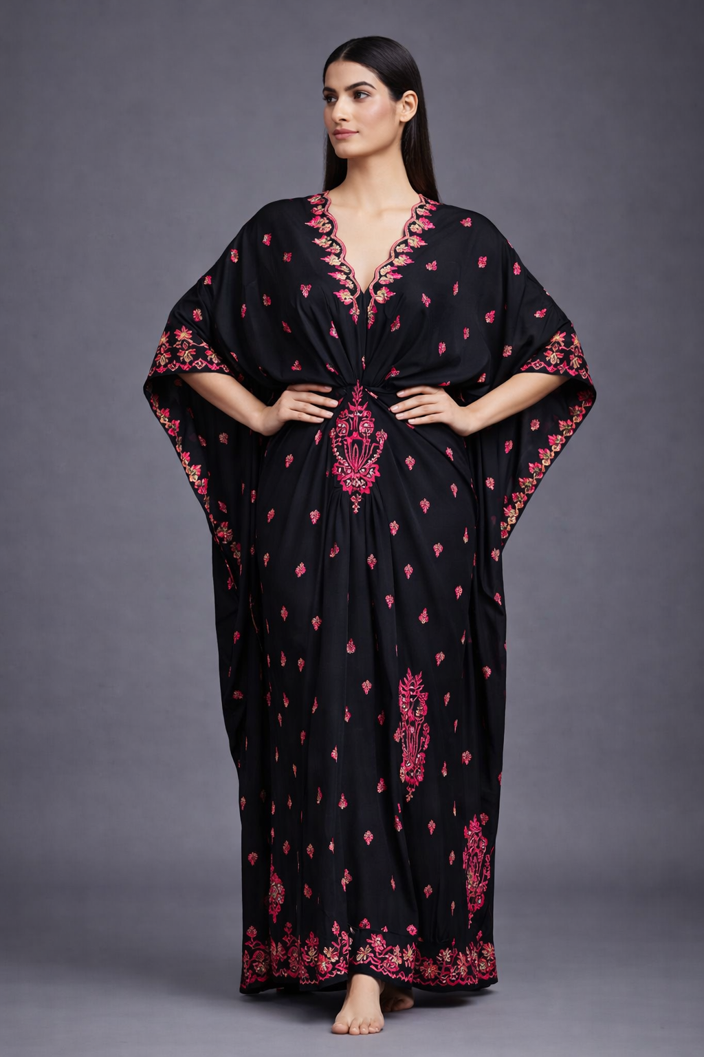 Black Embroidered Lawn Kaftan Dress
