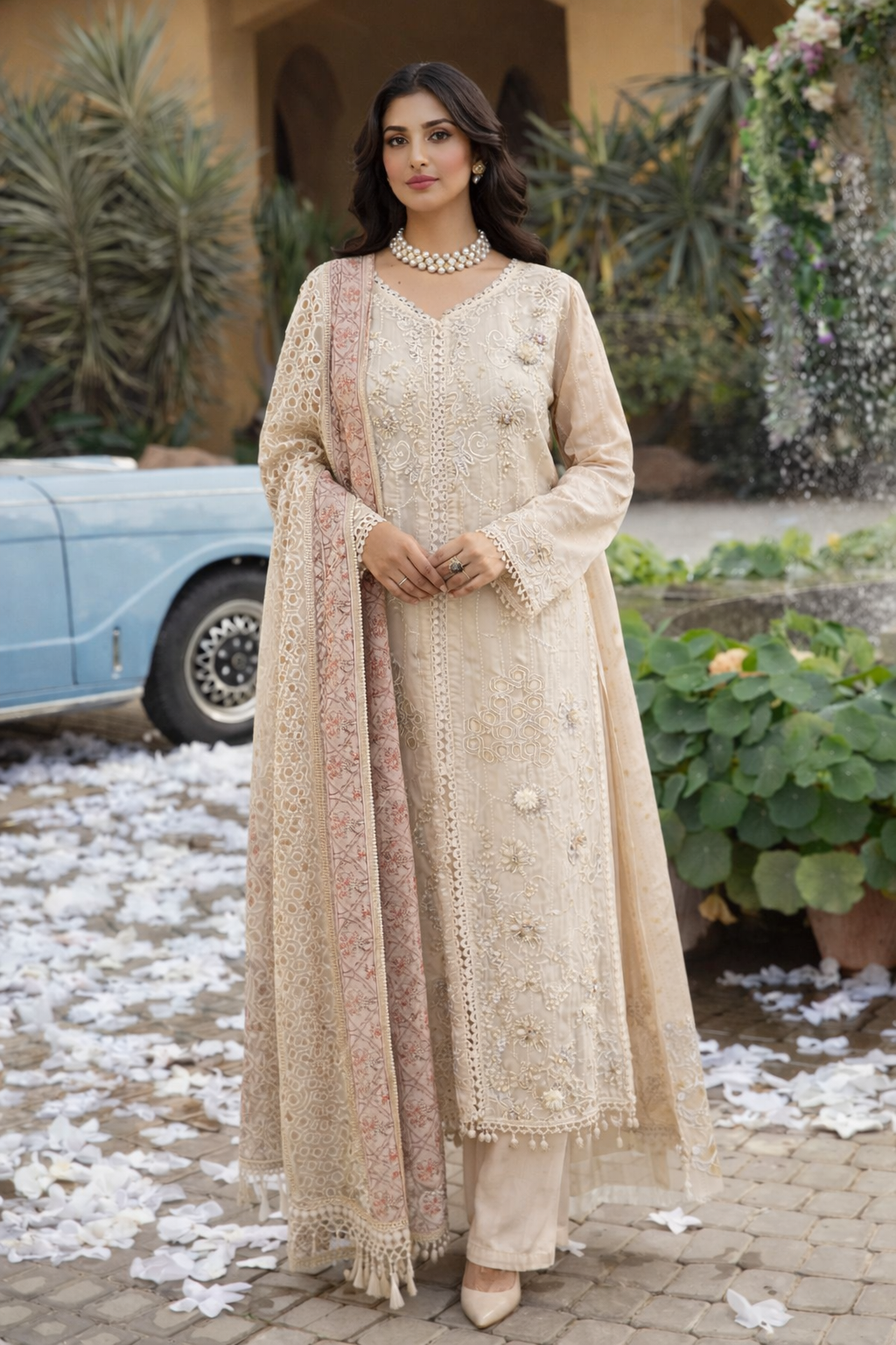 Champagne Beige Embroidered 3-Piece Suit Set