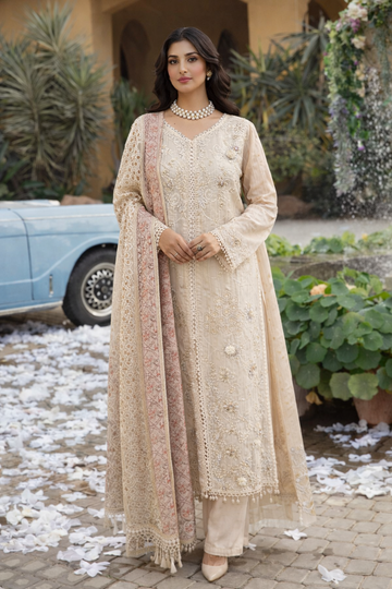Champagne Beige Embroidered 3-Piece Suit Set