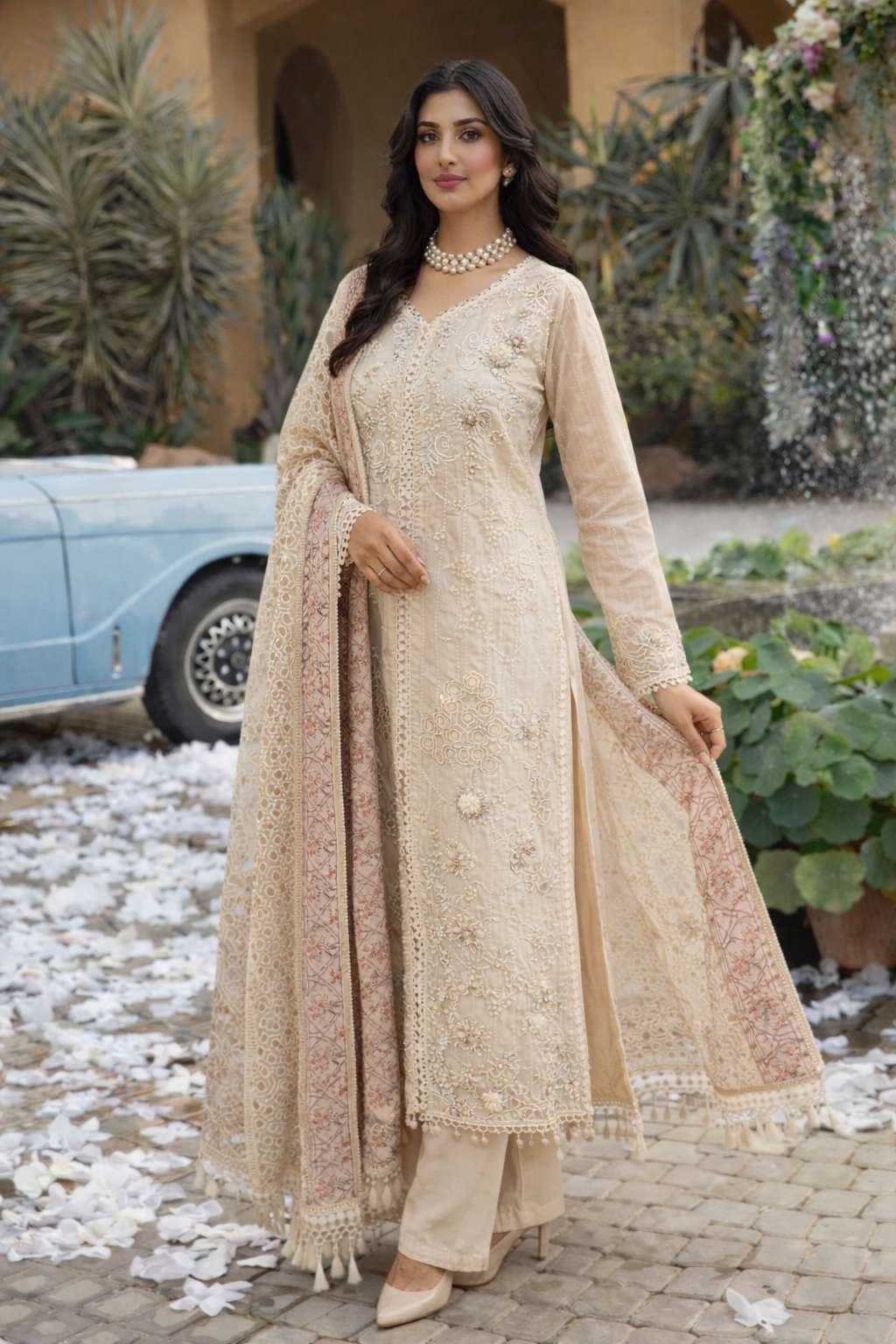 Champagne Beige Embroidered 3-Piece Suit Set