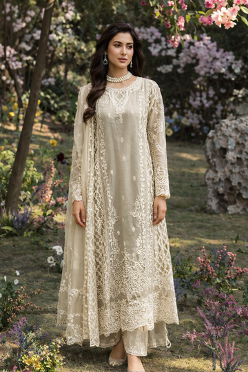 Champagne Beige Embroidered Organza 3-Piece Festive Suit Set