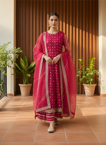 Shocking Pink Organza Festive Suit Set