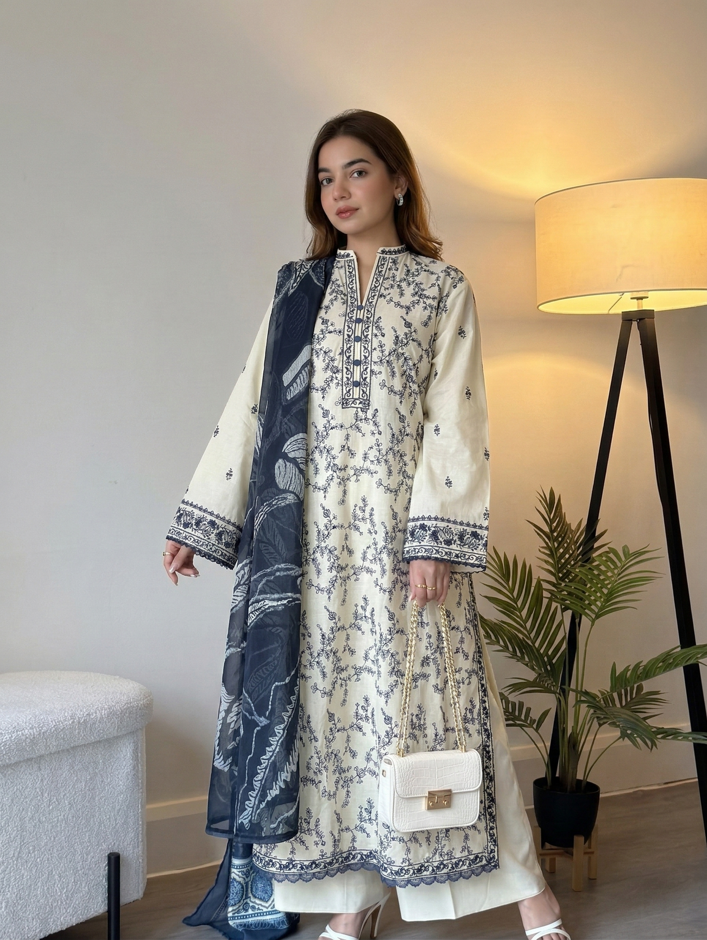 Ivory & Navy Floral Embroidered 3-Piece Suit Set