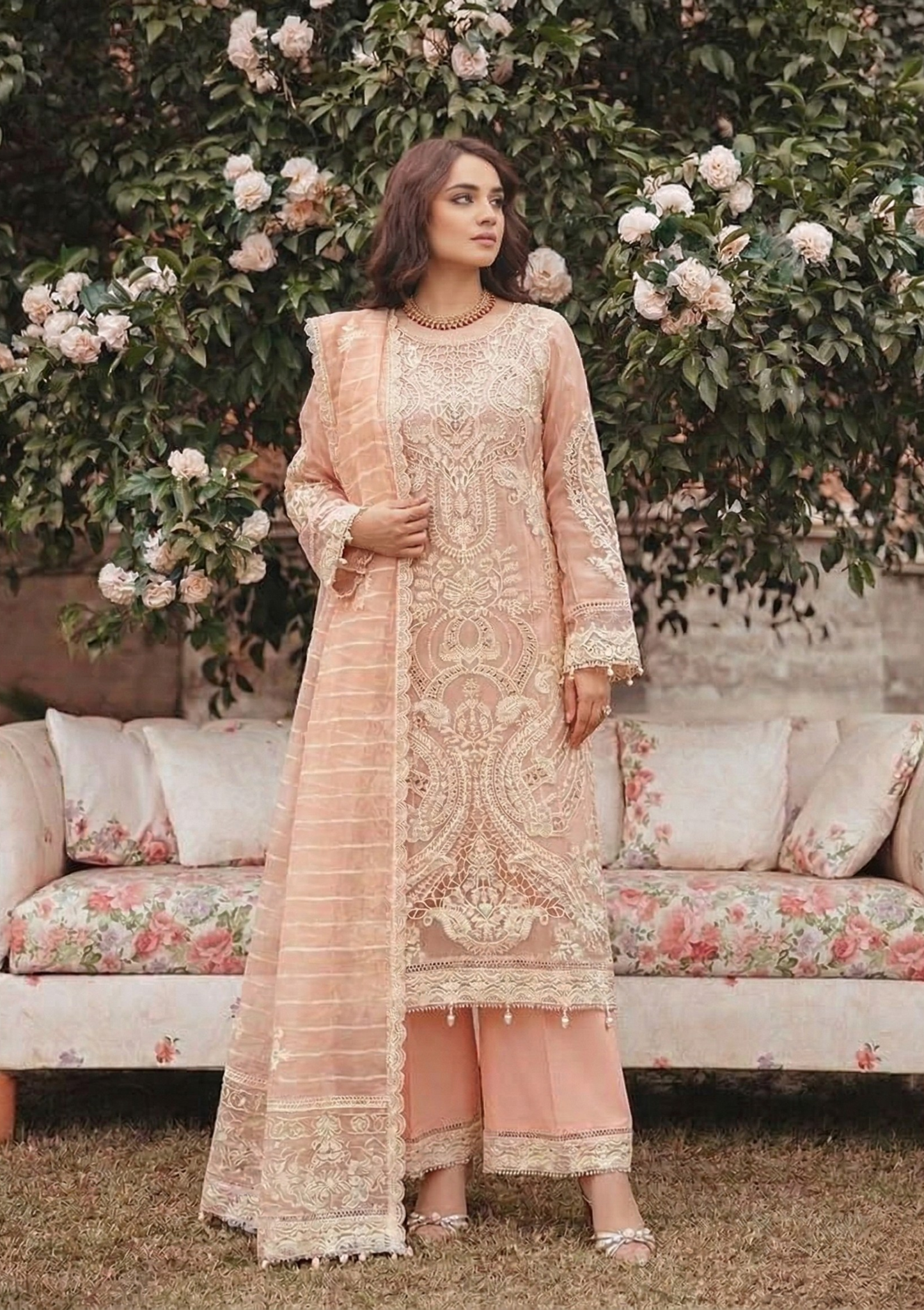 Peach Embroidered Luxury 3-Piece Suit Set