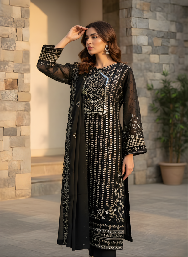 Black Chiffon Festive 3-Piece Dress Set