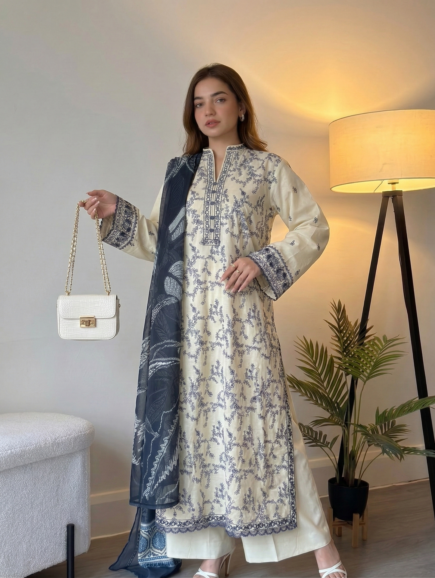 Ivory & Navy Floral Embroidered 3-Piece Suit Set