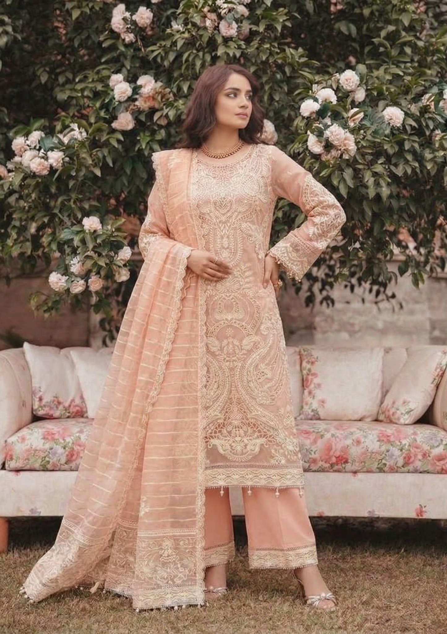 Peach Embroidered Luxury 3-Piece Suit Set