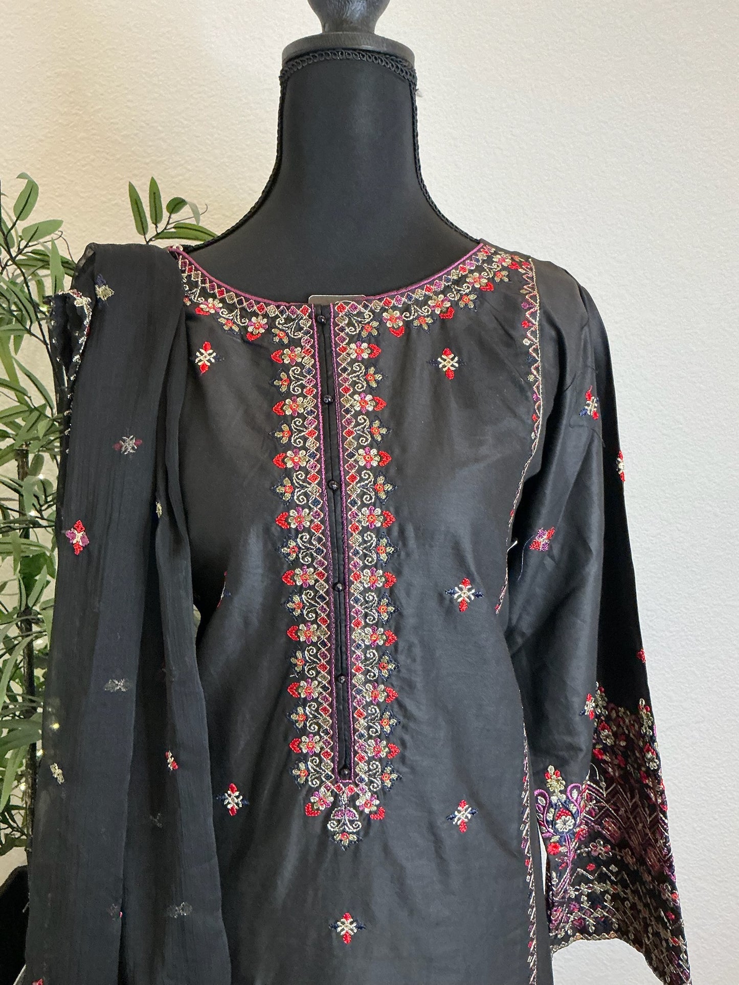 Black Multicolor Embroidered 3-Piece Suit Set