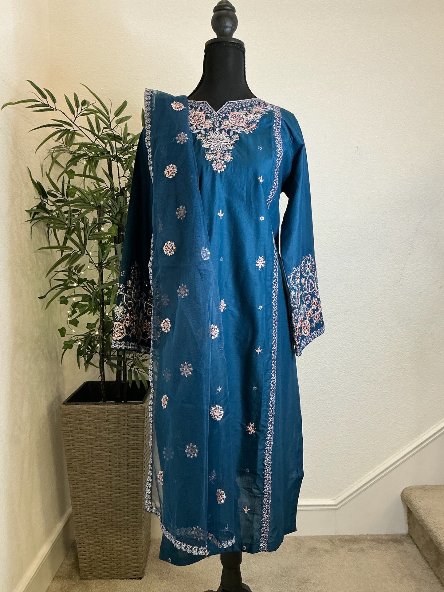 Sapphire Blue Floral Embroidered 3-Piece Suit Set