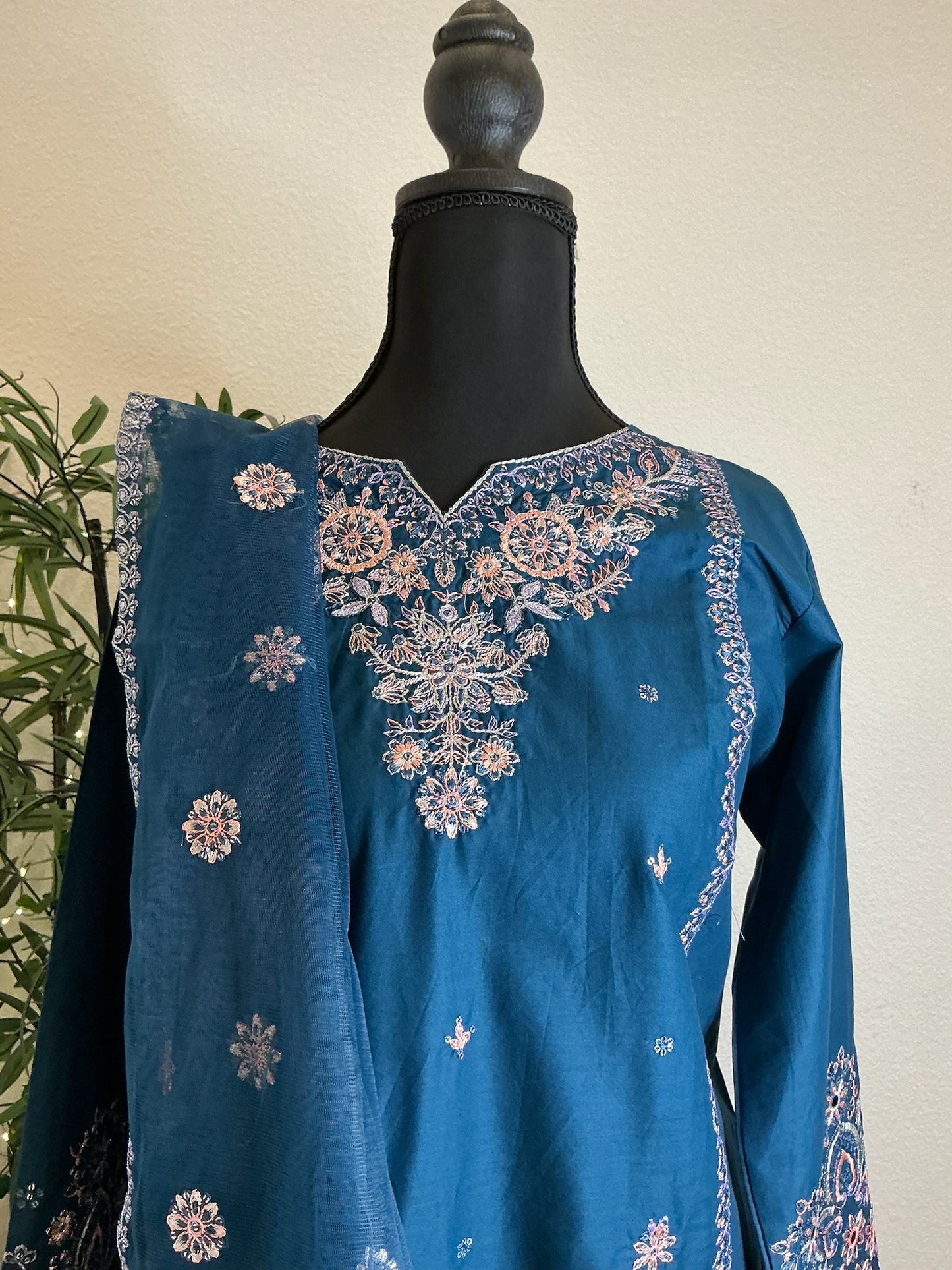 Sapphire Blue Floral Embroidered 3-Piece Suit Set
