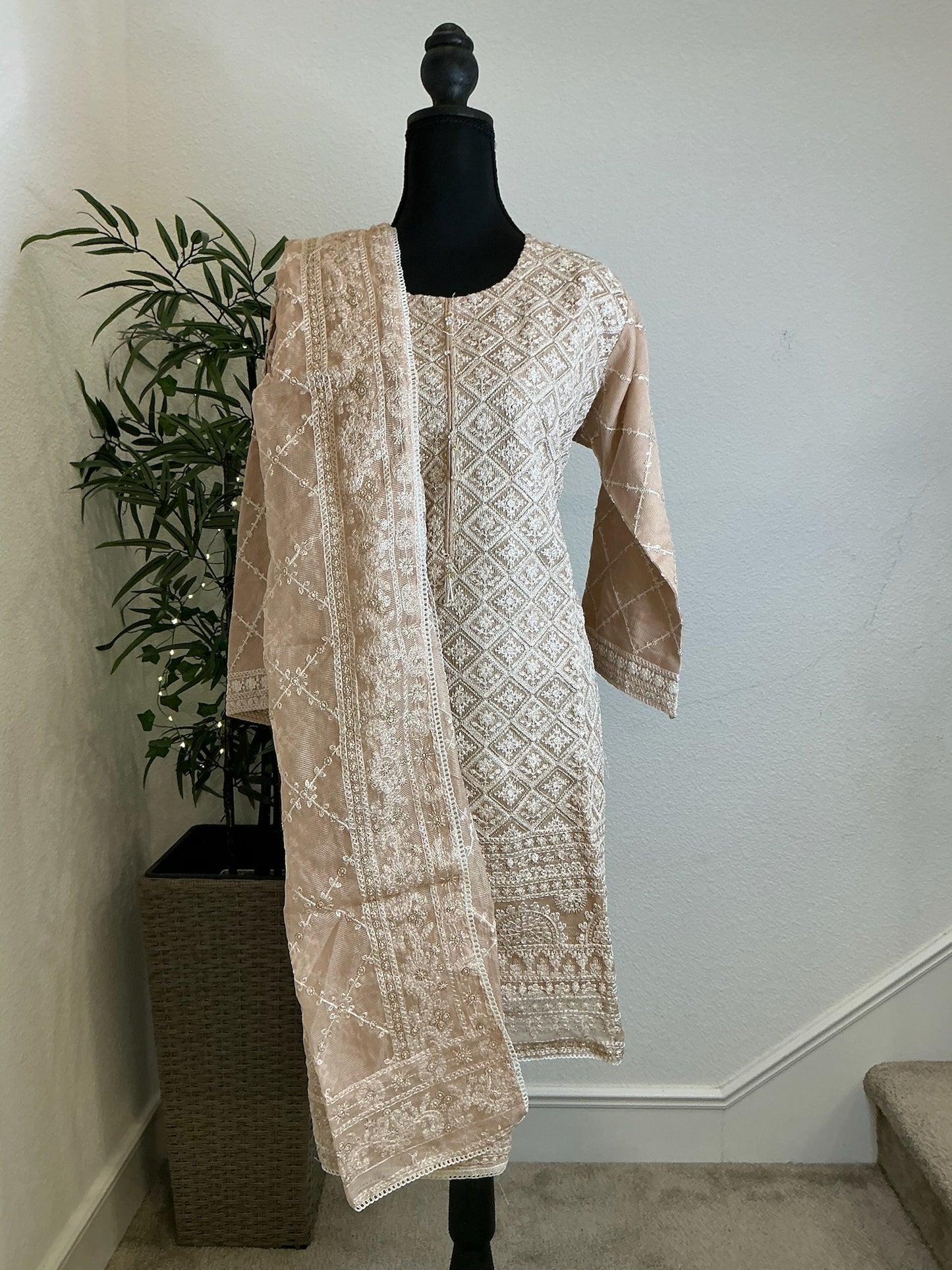 Elegant Beige Heavy Embroidered 3-Piece Suit Set