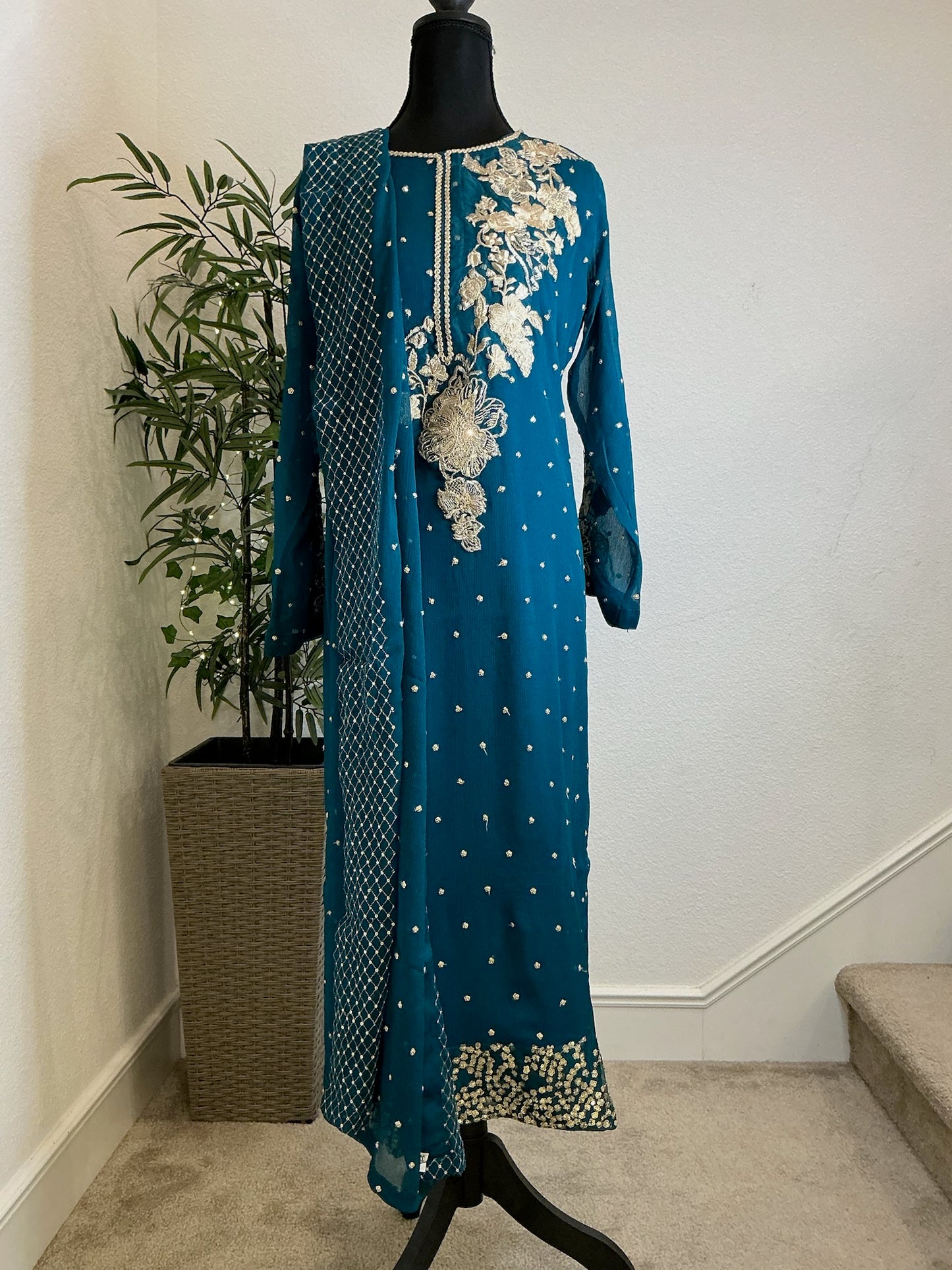 Teal Blue Heavy Embroidered 3-Piece Suit Set