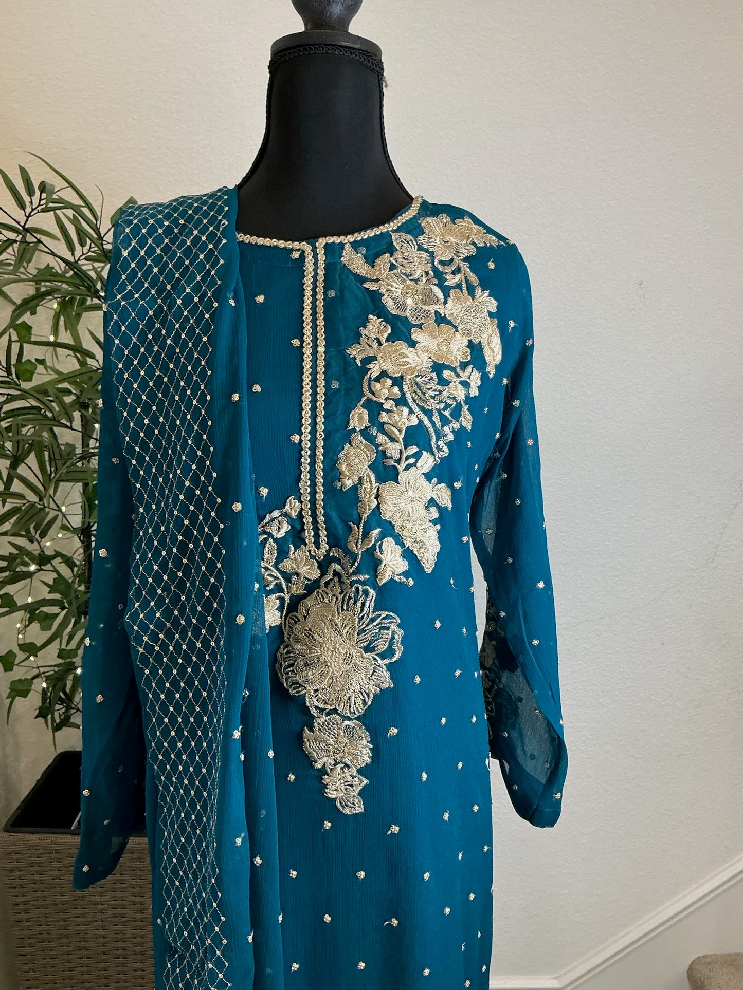 Teal Blue Heavy Embroidered 3-Piece Suit Set
