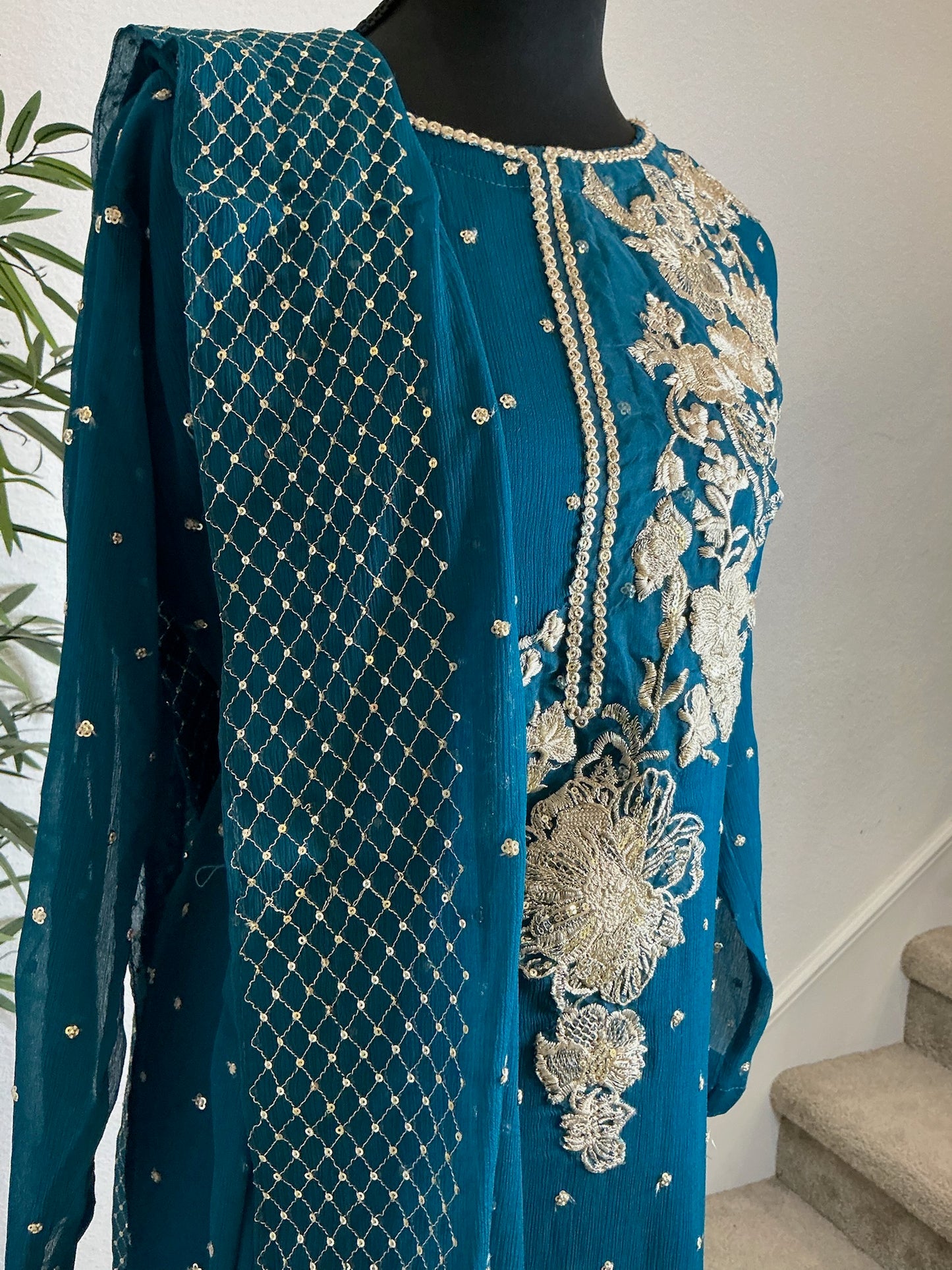 Teal Blue Heavy Embroidered 3-Piece Suit Set