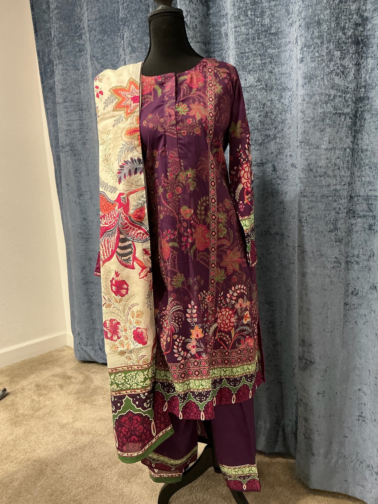 Royal Plum Floral Printed 3-Piece Suit Set