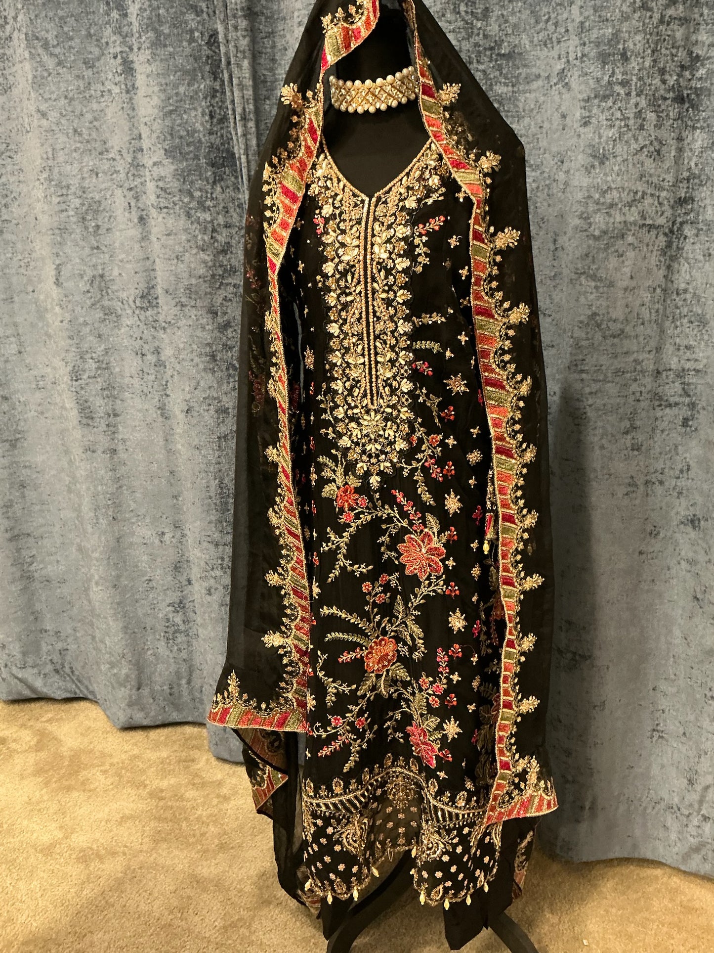 Black Heavy Embroidered 3 Piece Suit Set