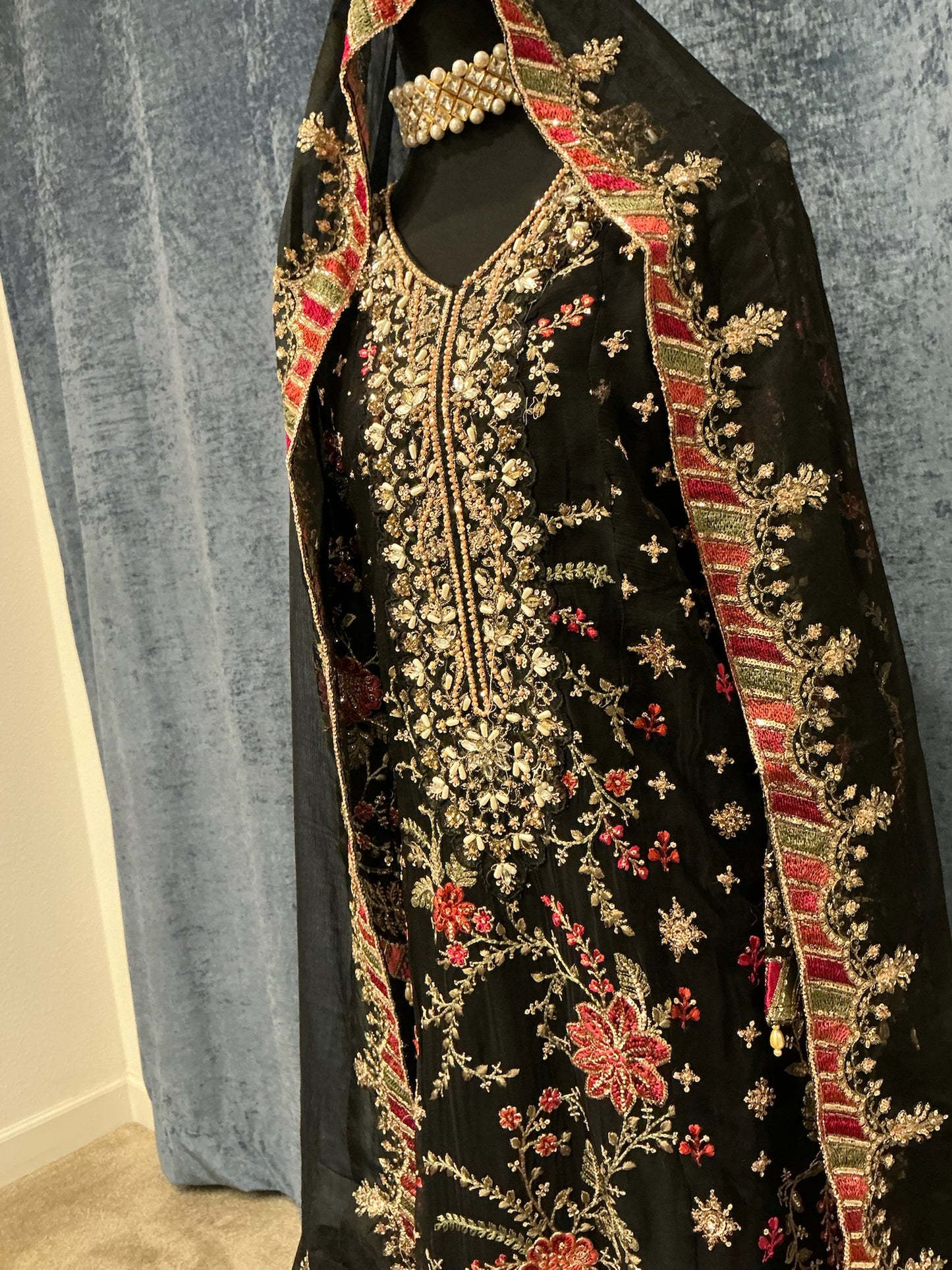Black Heavy Embroidered 3 Piece Suit Set
