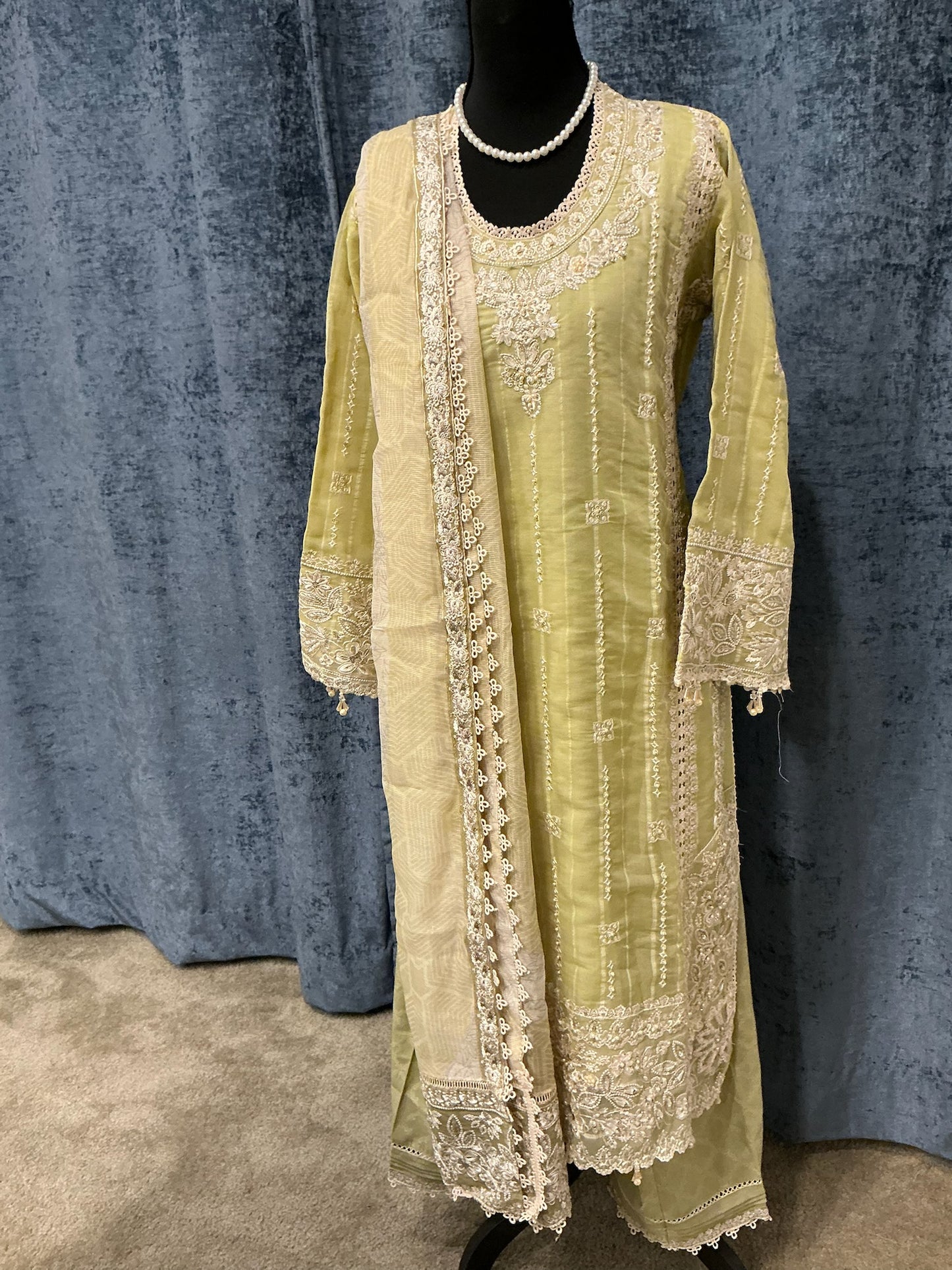 Pastel Olive Embroidered 3 Piece Suit
