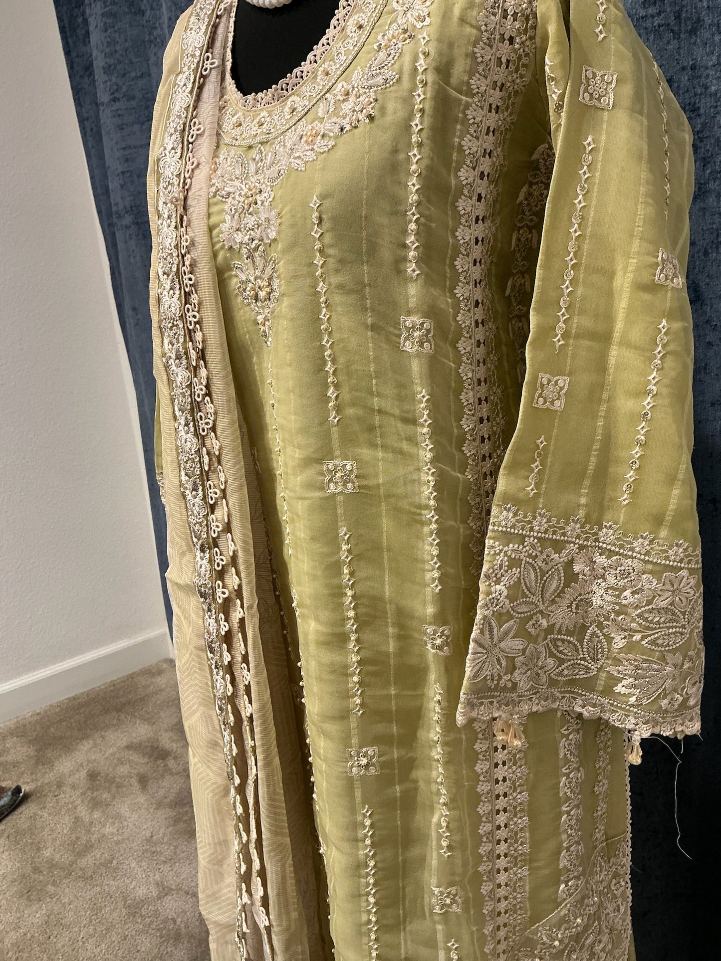 Pastel Olive Embroidered 3 Piece Suit