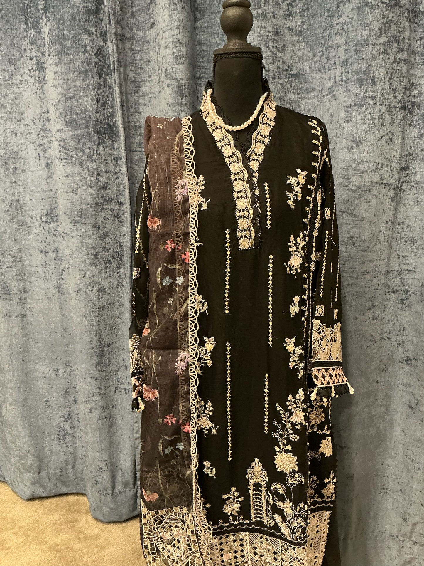 Noir Elegance Embroidered 3-Piece Suit Set
