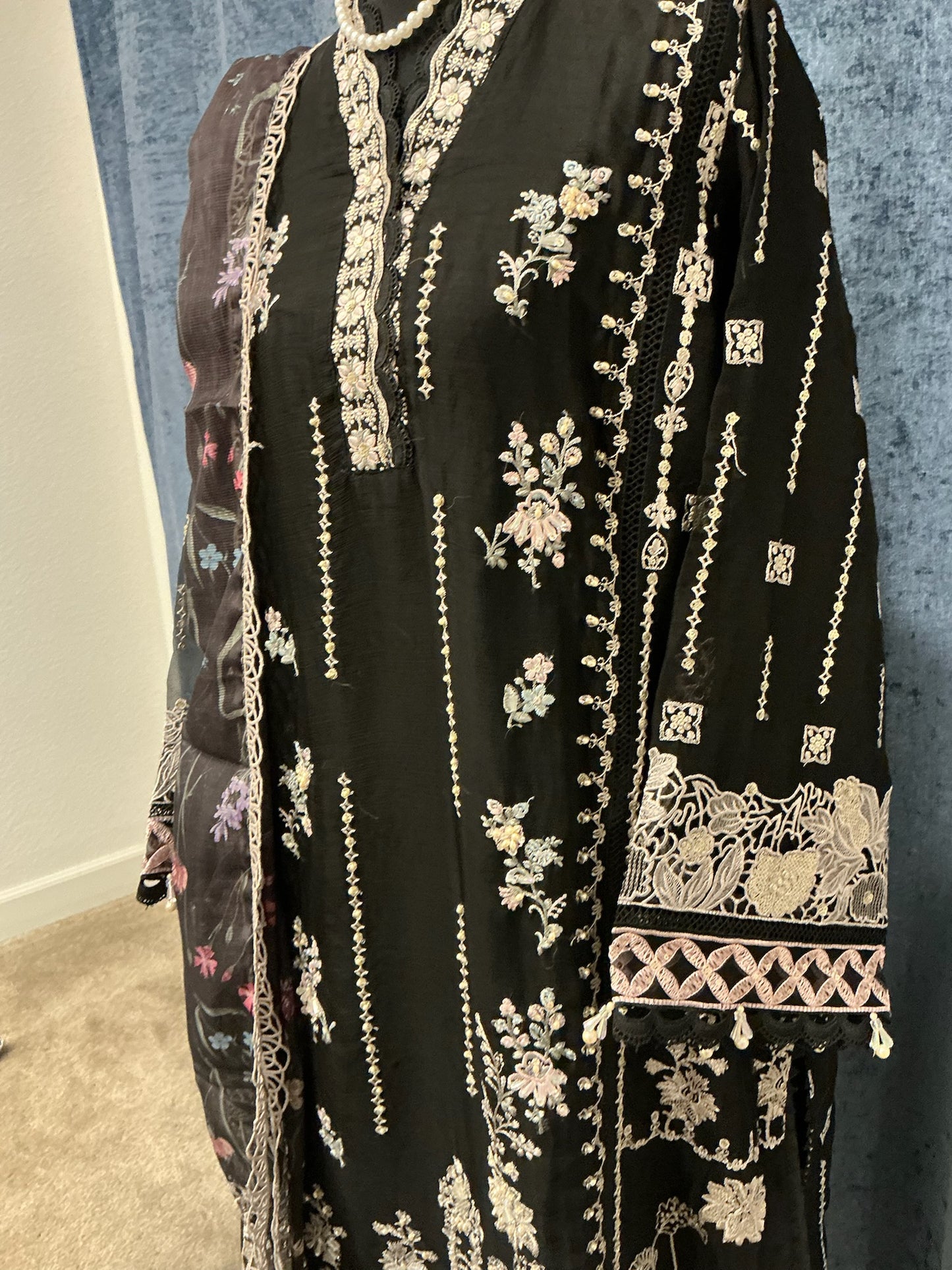 Noir Elegance Embroidered 3-Piece Suit Set