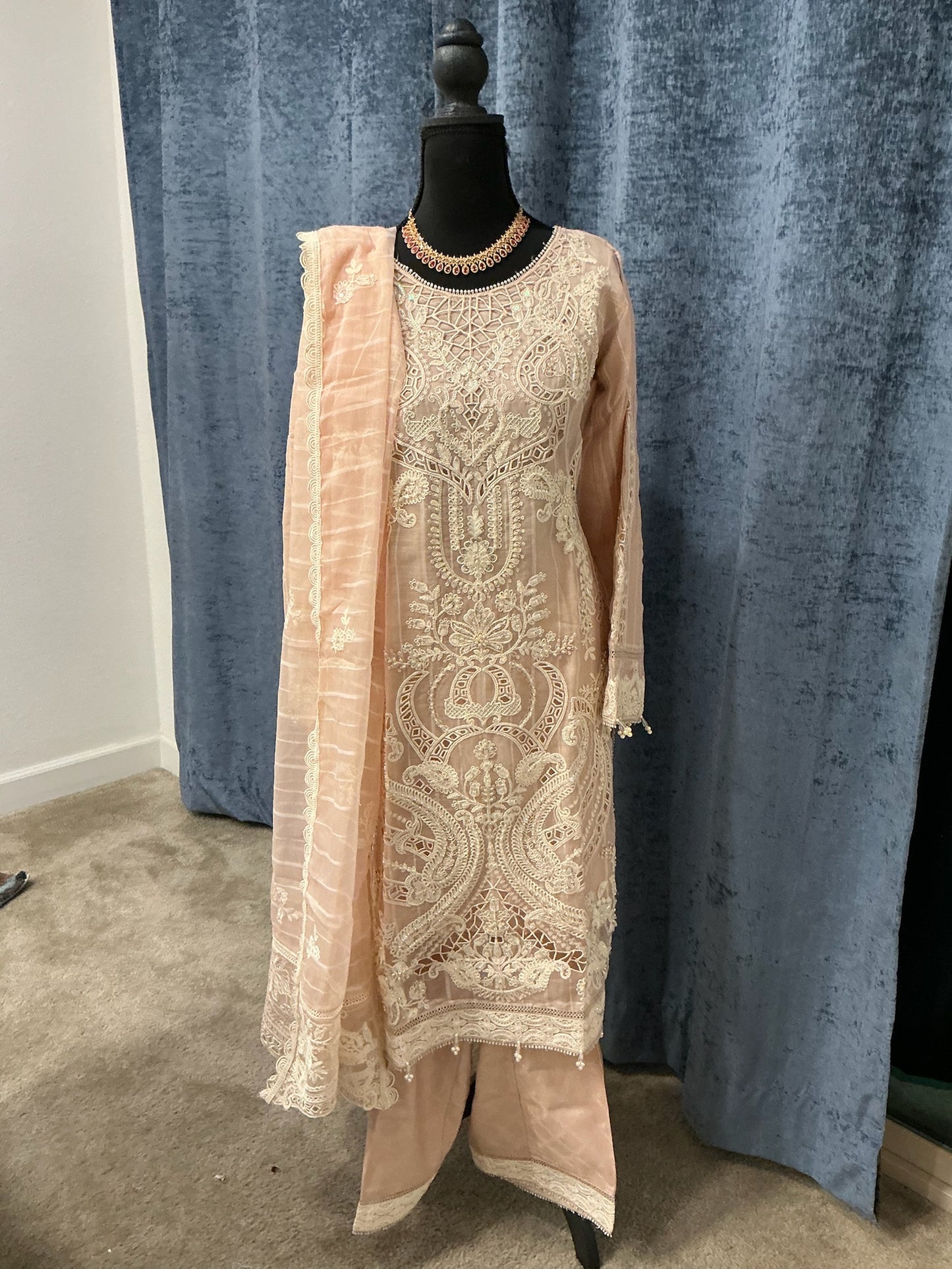Peach Embroidered Luxury 3-Piece Suit Set