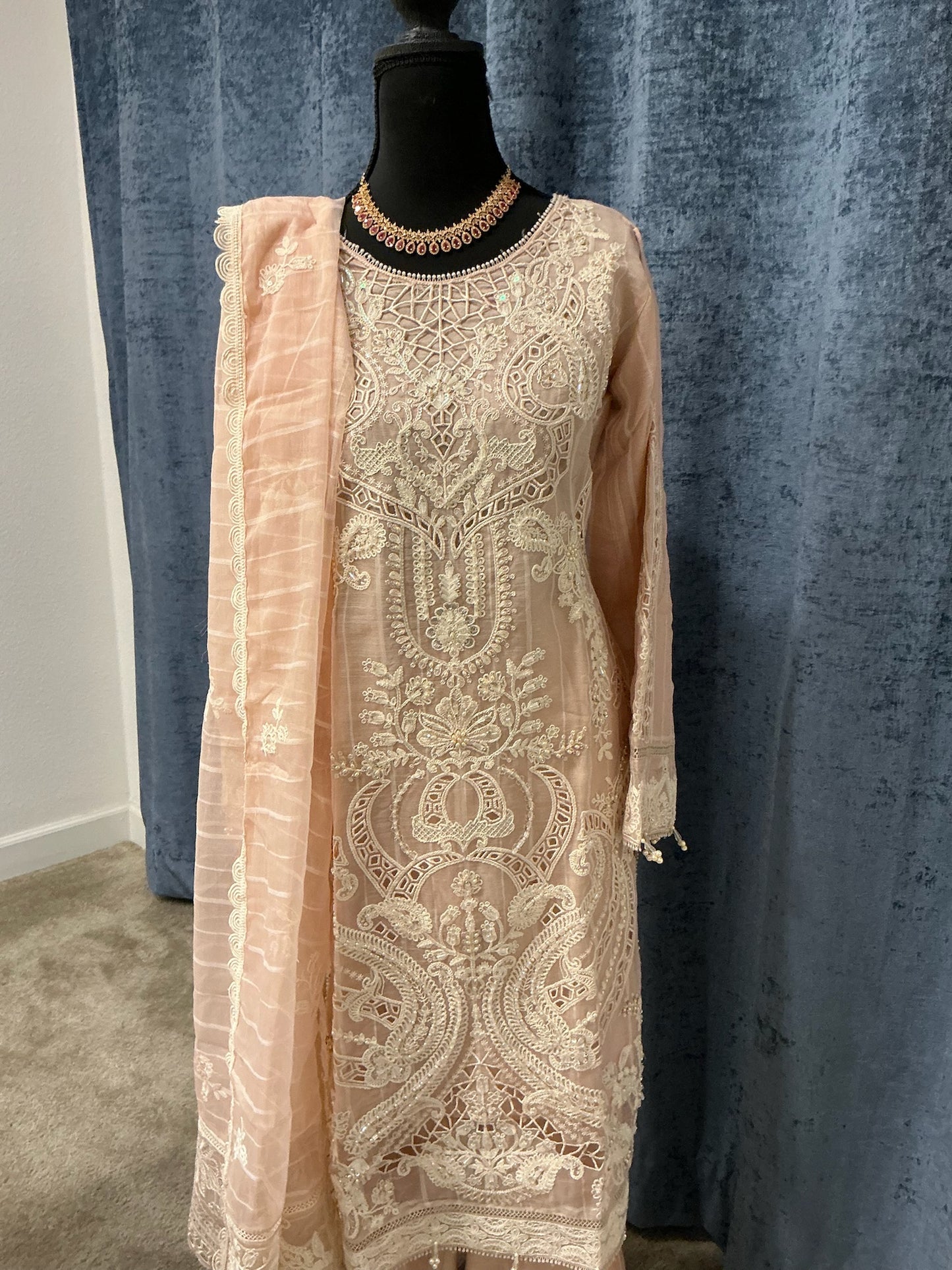 Peach Embroidered Luxury 3-Piece Suit Set