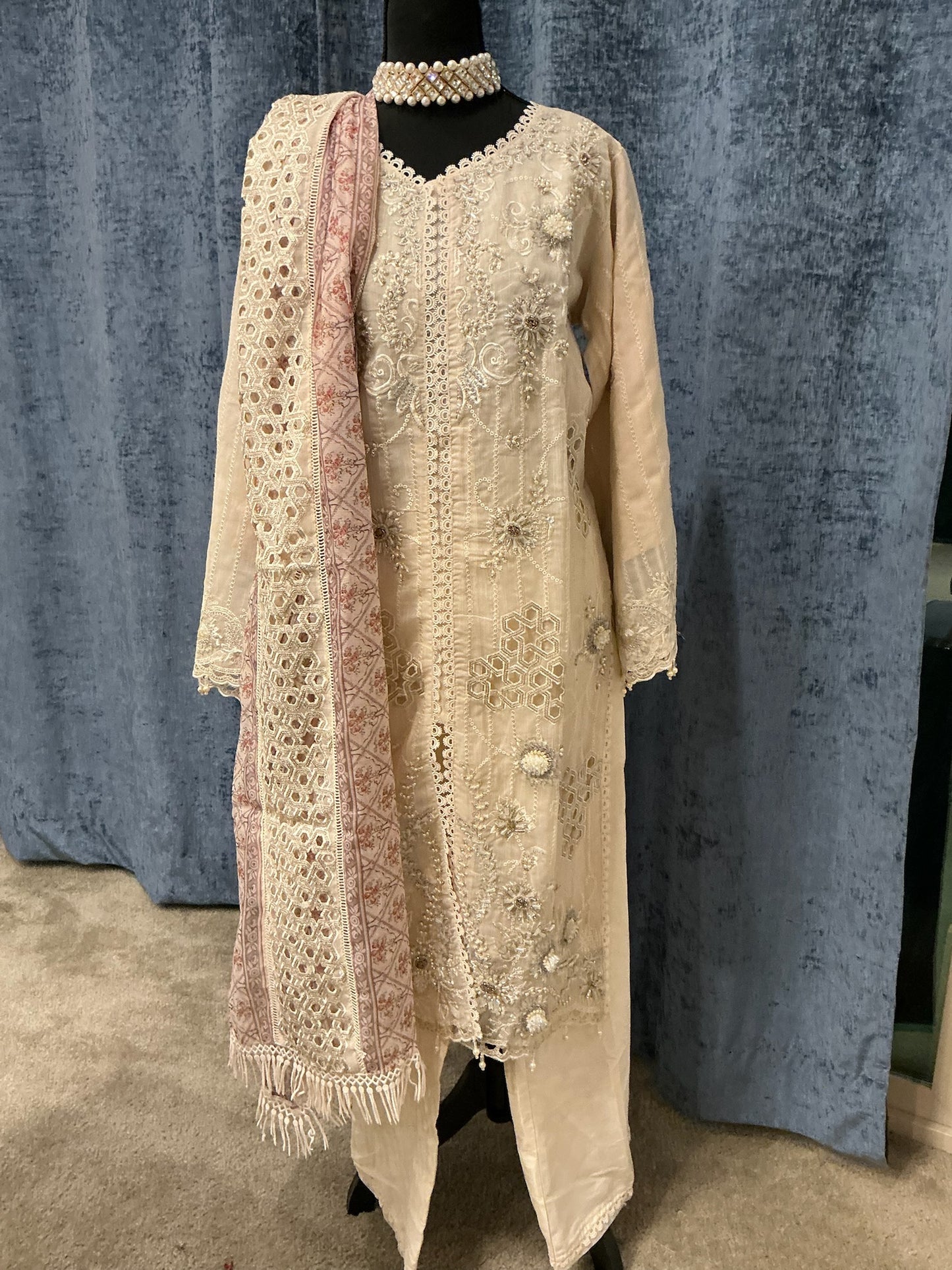 Champagne Beige Embroidered 3-Piece Suit Set
