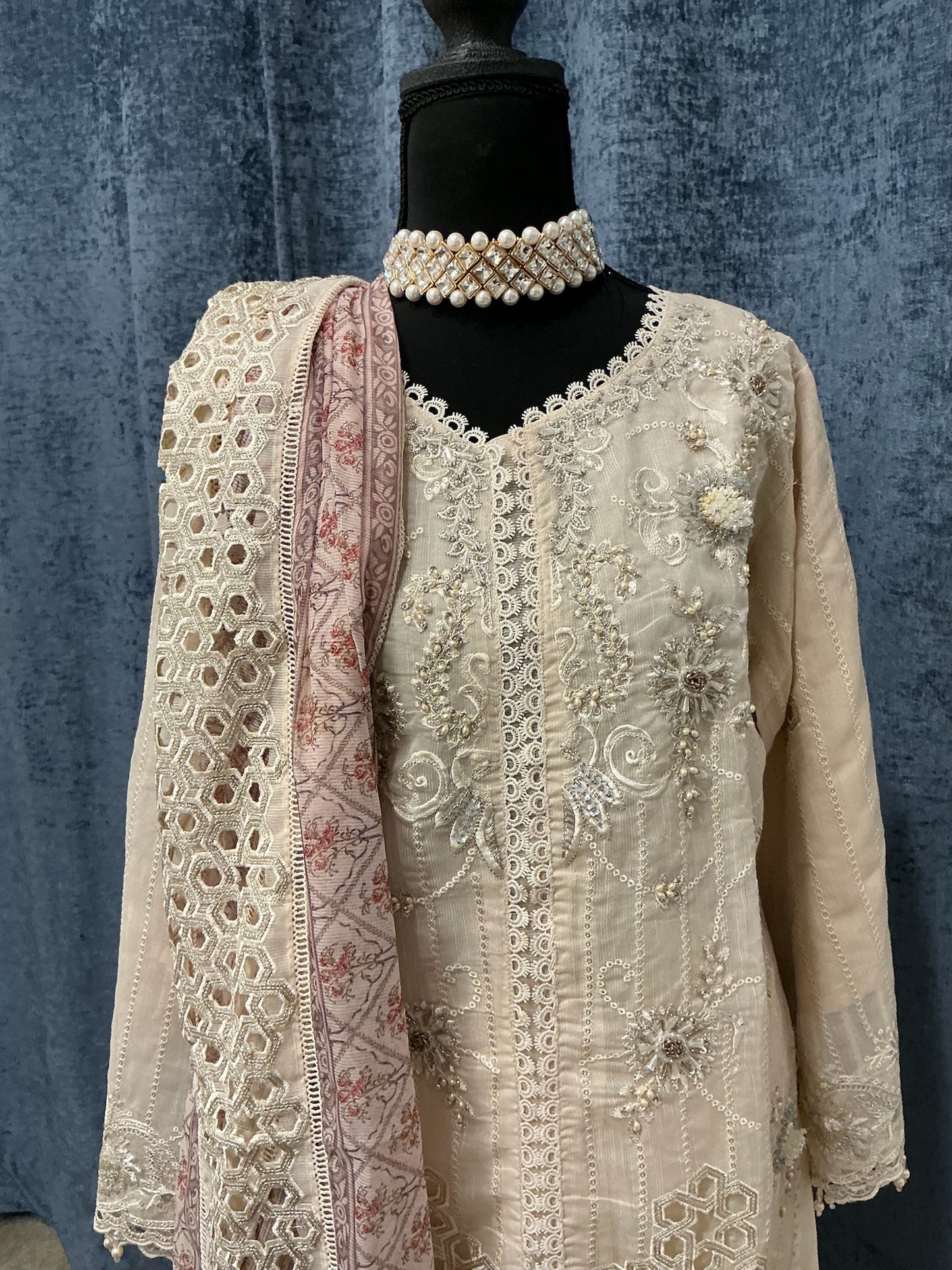 Champagne Beige Embroidered 3-Piece Suit Set
