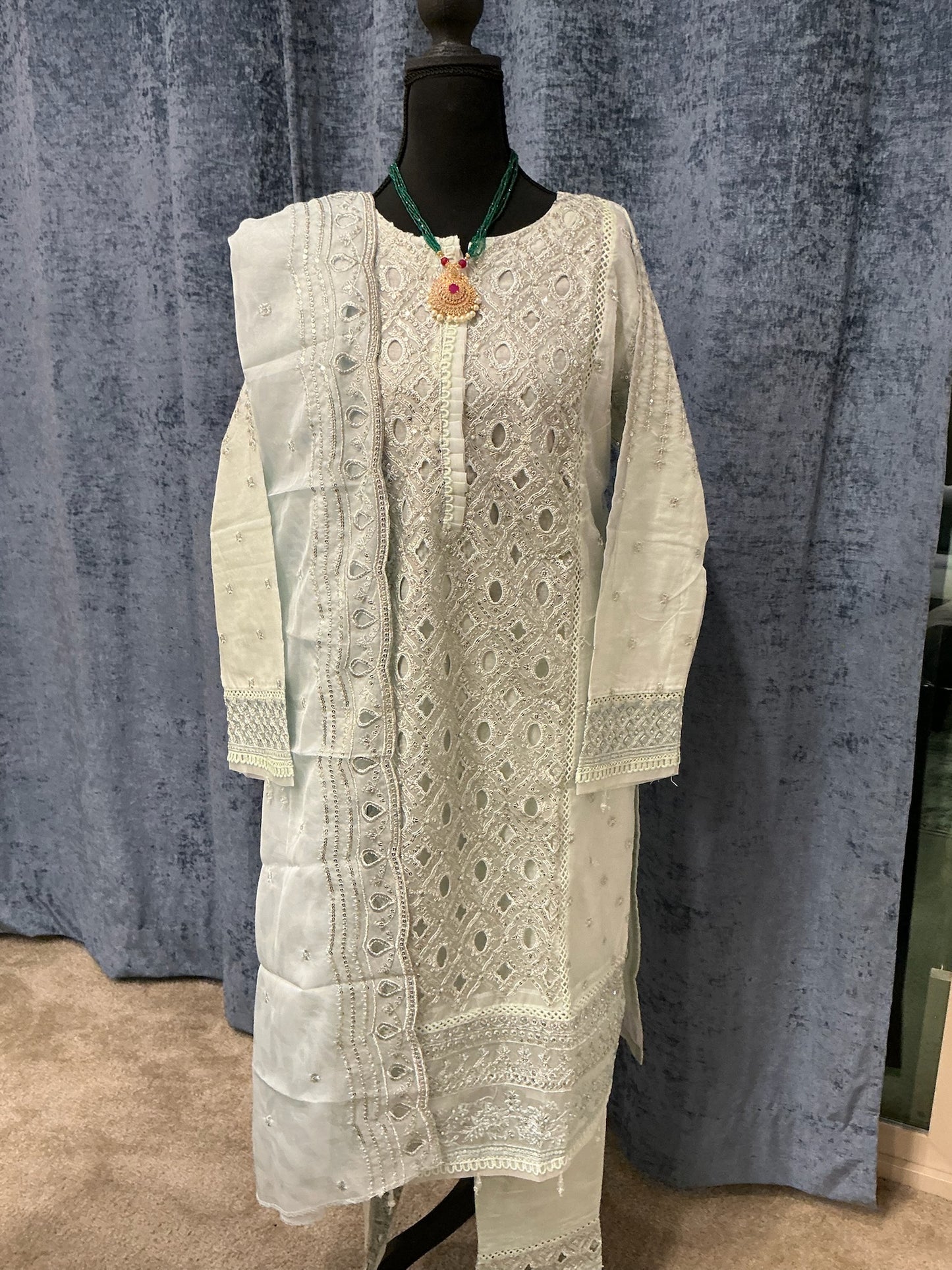 Ice Blue Elegance Embroidered 3-Piece Suit Set