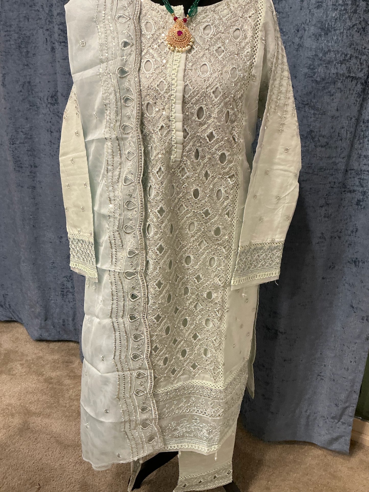 Ice Blue Elegance Embroidered 3-Piece Suit Set