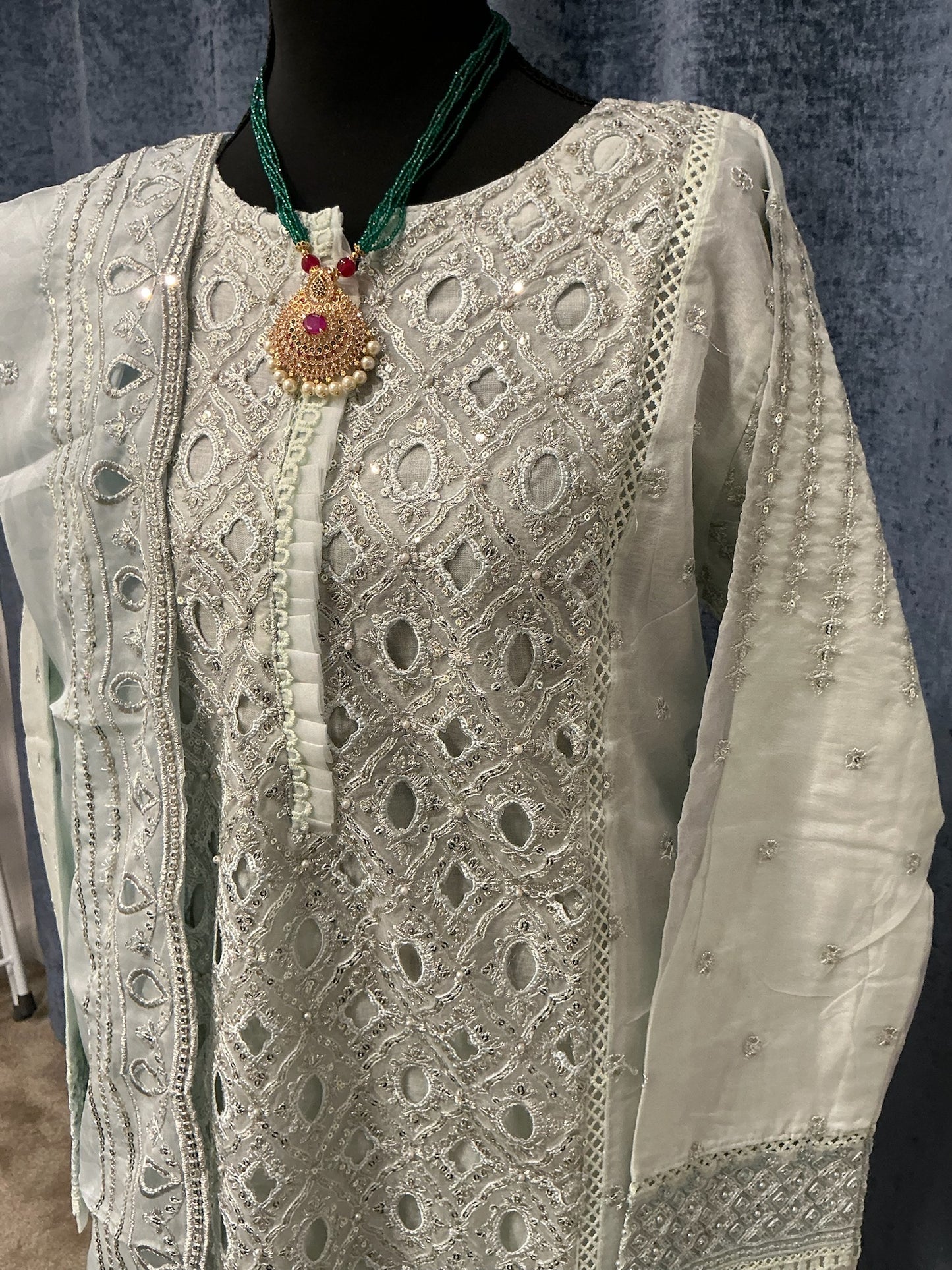 Ice Blue Elegance Embroidered 3-Piece Suit Set